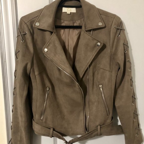 Beige Faux Suede Biker Jacket - Picture 4 of 12